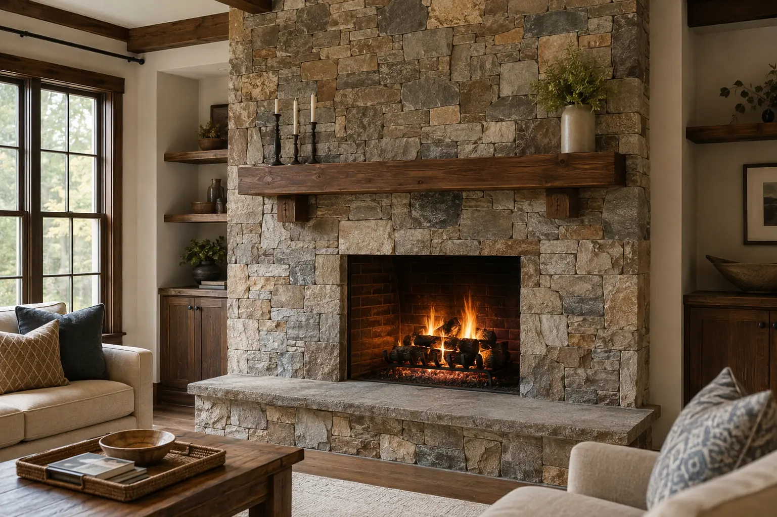 Natural stone fireplace masonry